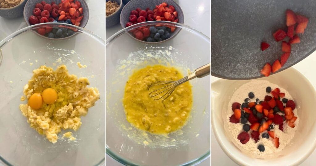 3 process photos side by side showing the process of mixing the sourdough berry banana bread. Adding the eggs to the mashed banana, mixing and adding the berries to the dry ingredients.