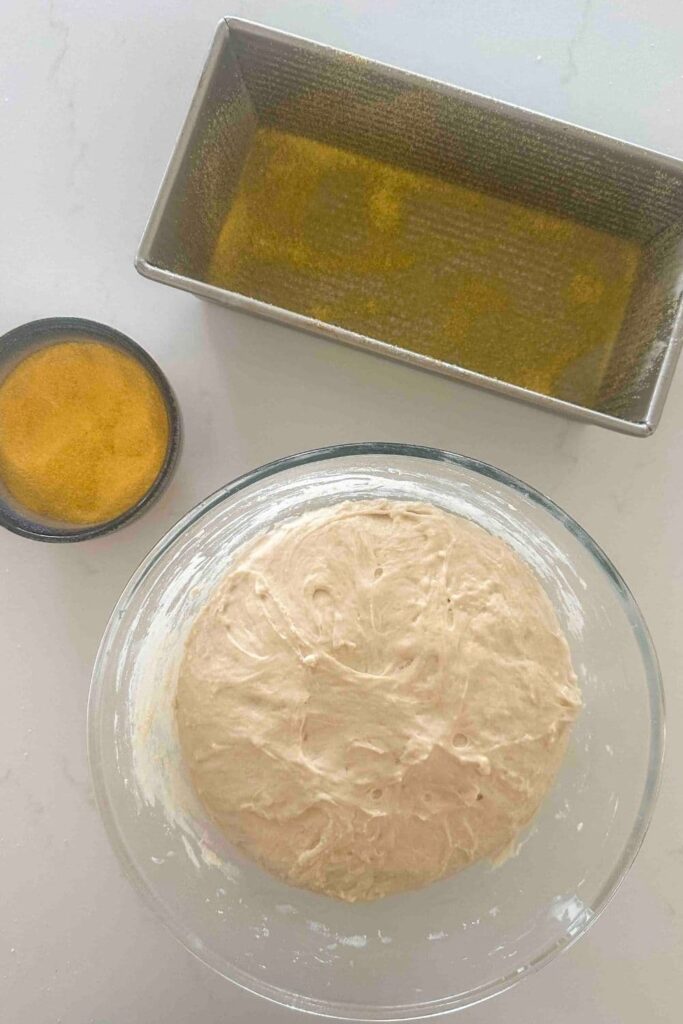 Fermented sourdough English muffin loaf in glass bowl.