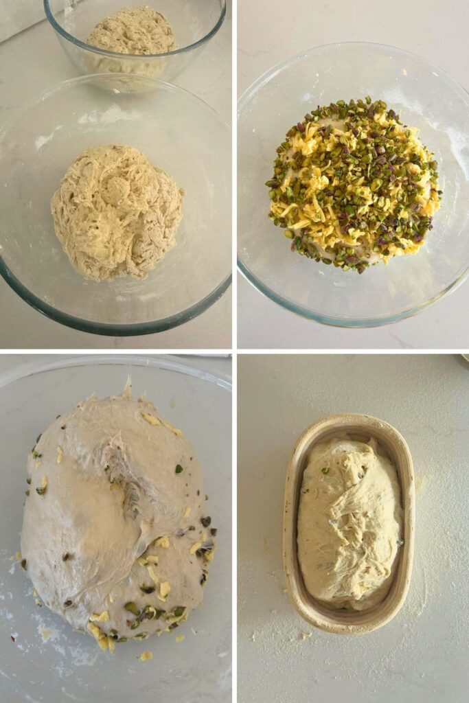 4 process photos showing how to make a sourdough croissant loaf combined with a sourdough pistachio loaf.