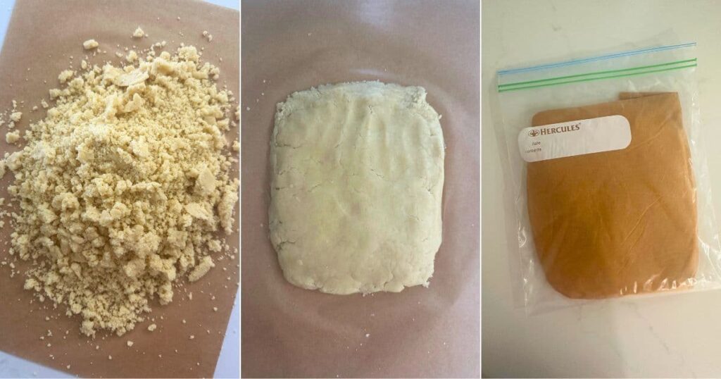 A series of 3 images showing how to manage the sourdough Ritz cracker dough.