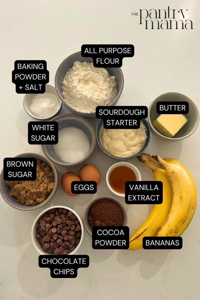 Flat lay of ingredients necessary to make double chocolate sourdough banana bread.