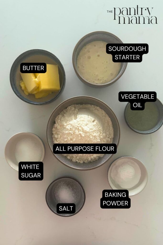 Flatlay of ingredients necessary to make sourdough Ritz crackers.