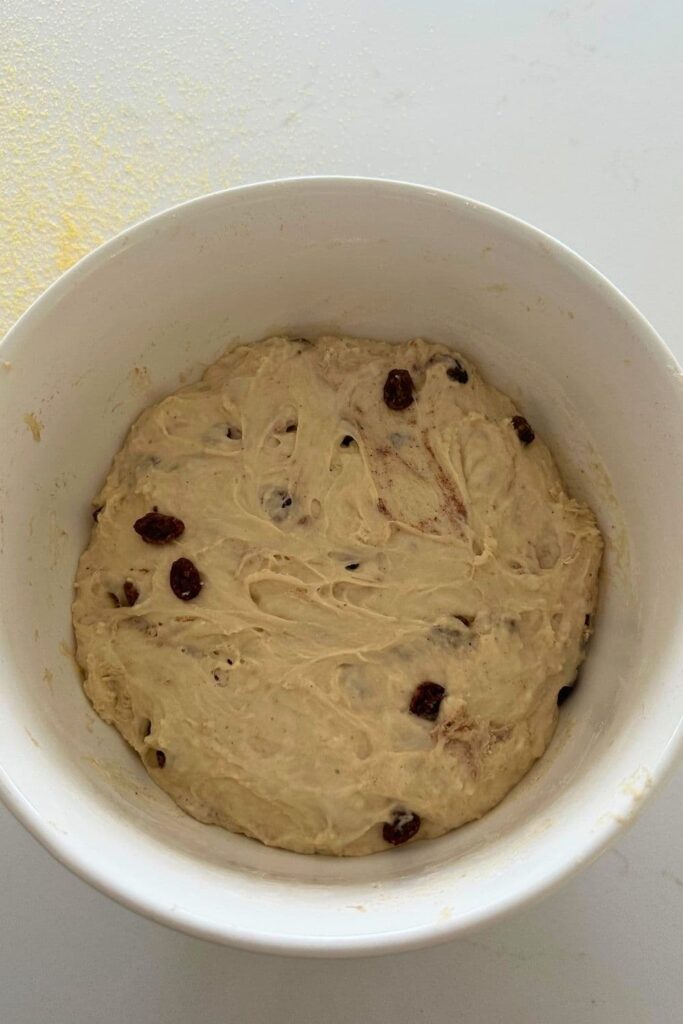 Sourdough discard cinnamon raisin English muffin dough in bowl after first rise.