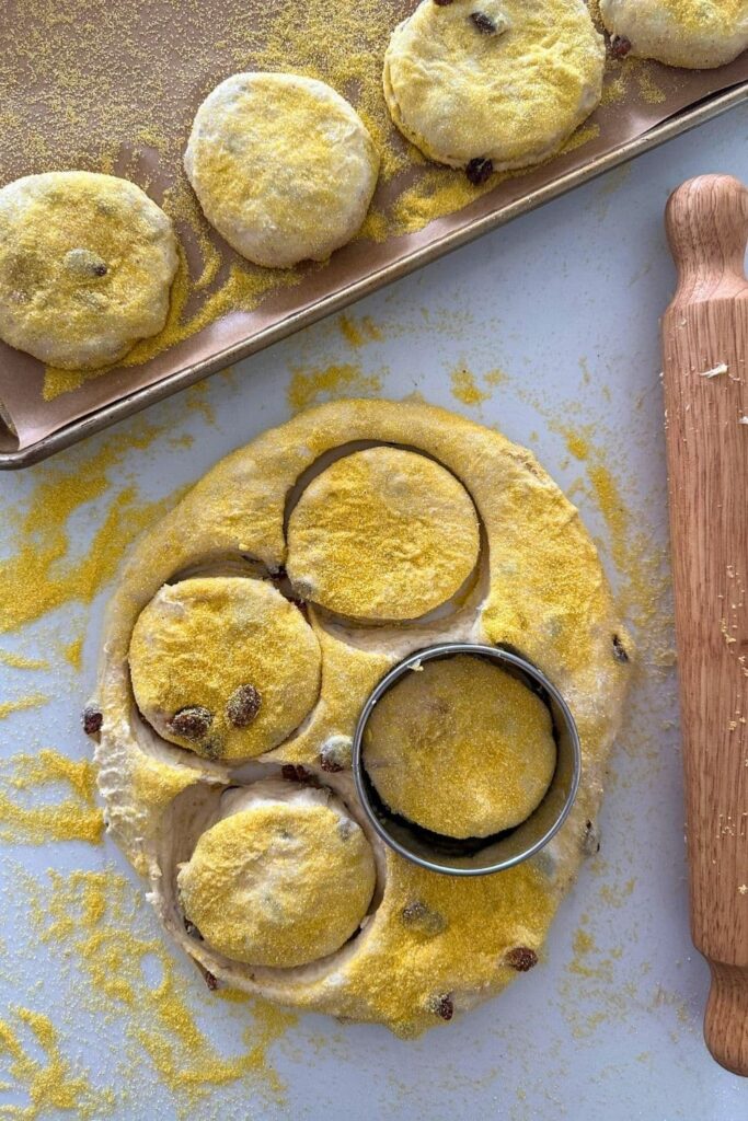 Sourdough discard cinnamon raisin English muffin dough rolled out next to rolling pin and being cut into rounds and placed on baking sheet.