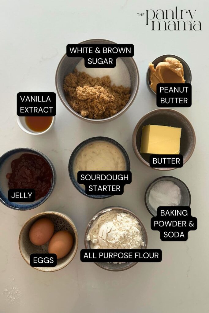 ingredients for sourdough peanut butter and jelly cookies.