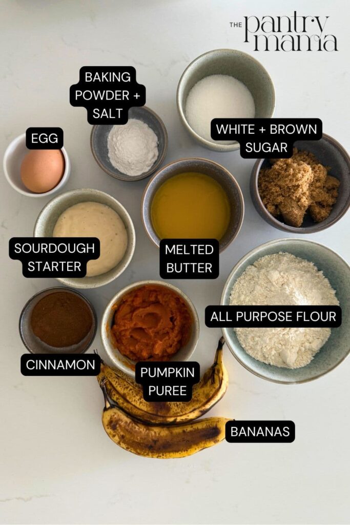 Flat lay of ingredients necessary to make sourdough pumpkin banana bread.