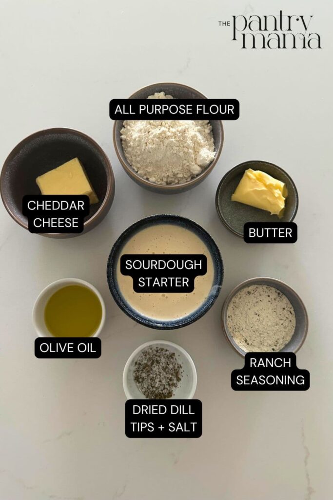 Flat lay of ingredients necessary to make sourdough ranch crackers.