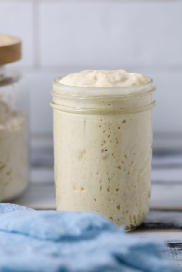 16oz jar of sourdough starter with a bubbly sourdough starter at its peak. You can also see a jar of flour in the background of the photo and a light blue cloth in the foreground.