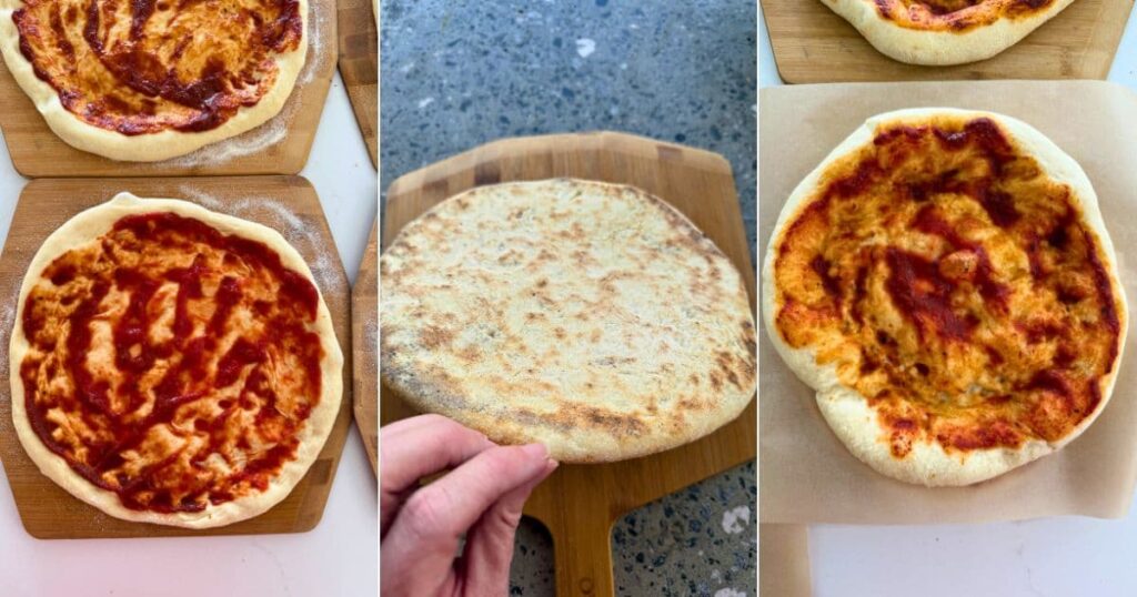 A series of 3 photos showing a sourdough pizza base being par baked ready for freezing.