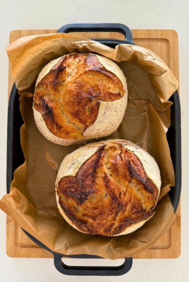 2 small sourdough boules that have been baked inside a cast iron bread pan. They are sitting on a piece of parchment paper inside the bread pan.