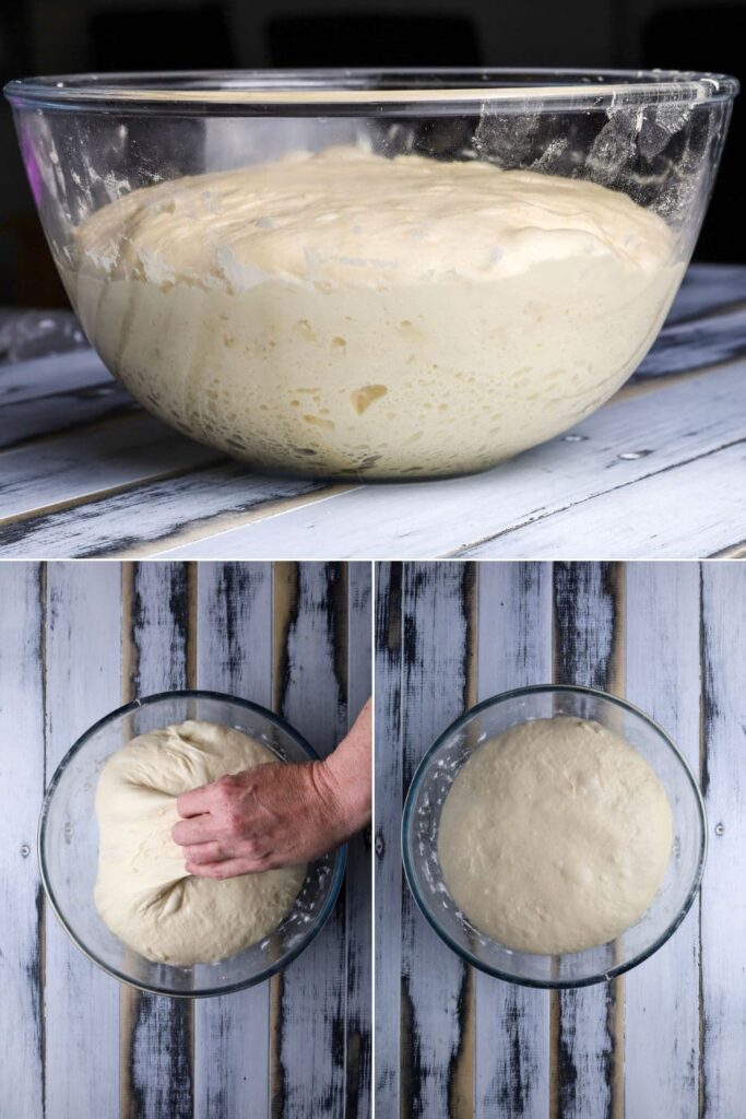 A set of 3 photos showing what the dough will look like after bulk fermentation is ready.