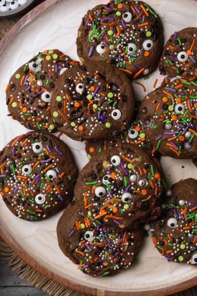 Sourdough Halloween cookies stacked on a plate. The cookies are decorated with purple, orange, green and black sprinkles and candy eyes.