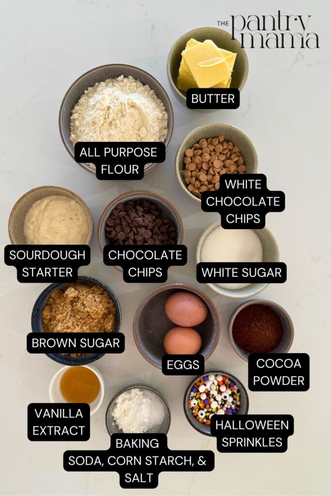 Sourdough Halloween cookies labeled ingredients on counter. 