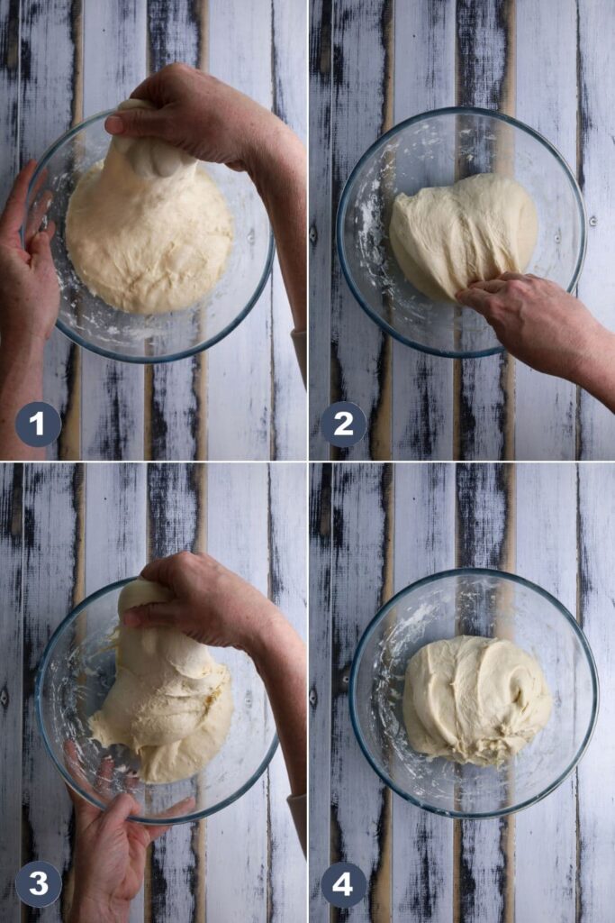 4 process photos showing how to stretch and fold sourdough dough.