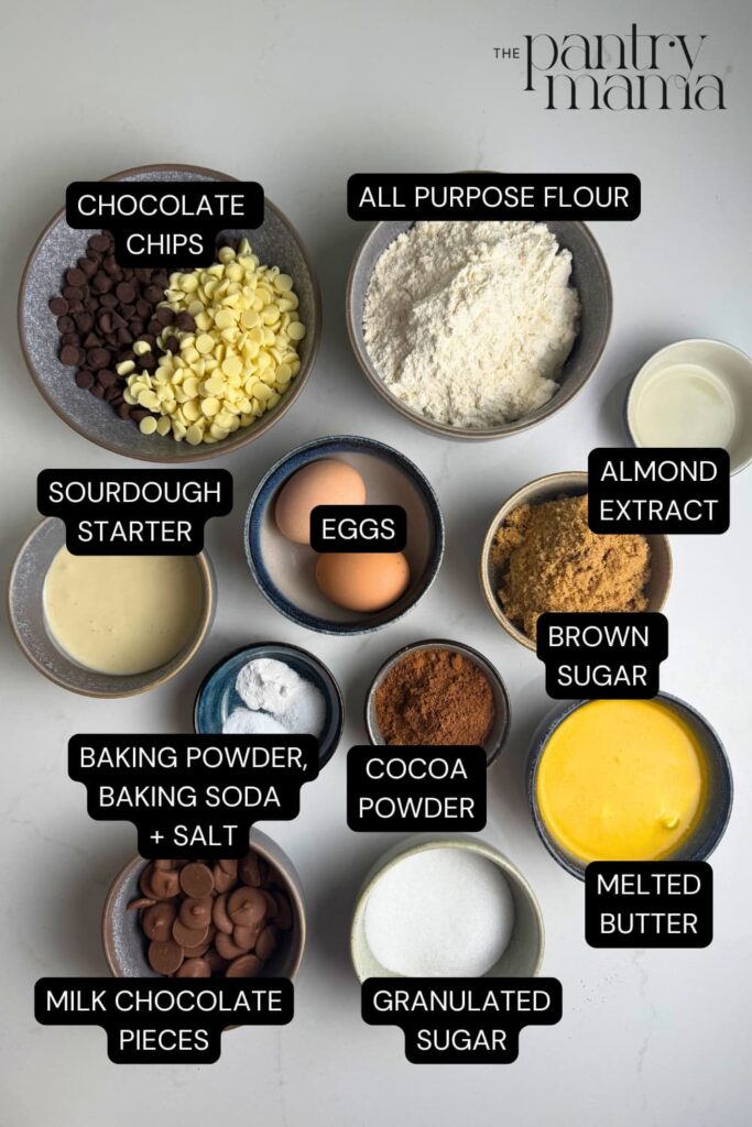 Flat lay of ingredients necessary to create a batch of triple chocolate sourdough cookies.