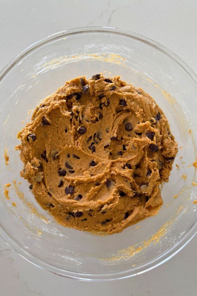 Dough to make sourdough pumpkin chocolate chip cookies in mixing bowl.