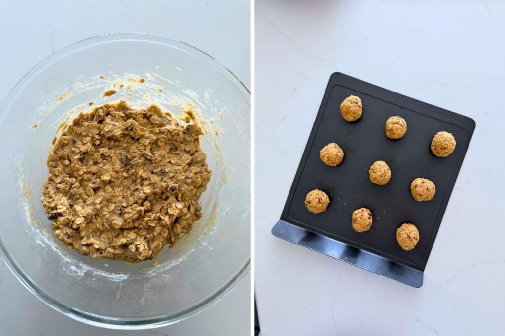 2 photos showing the process of making sourdough maple pecan oatmeal cookies.
