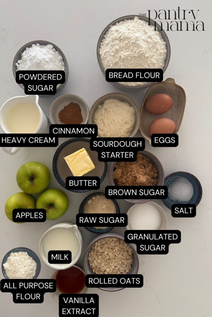Flat lay of ingredients necessary to make sourdough apple cinnamon rolls.