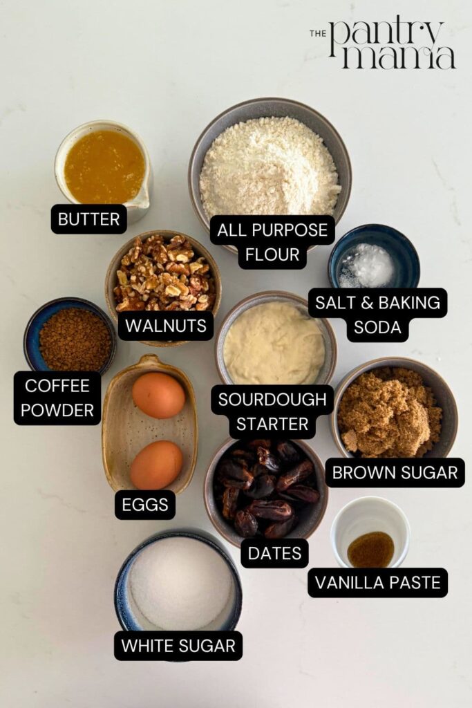 Labeled ingredients on counter to make sourdough date and walnut cookies.