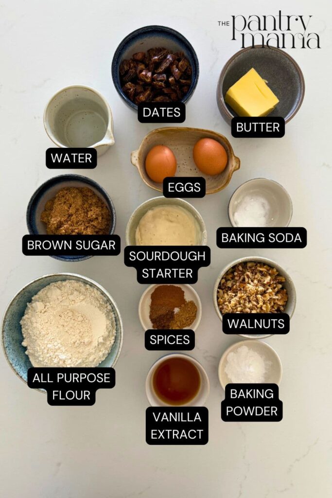 Labeled ingredients on the counter for sourdough date and walnut loaf cake.