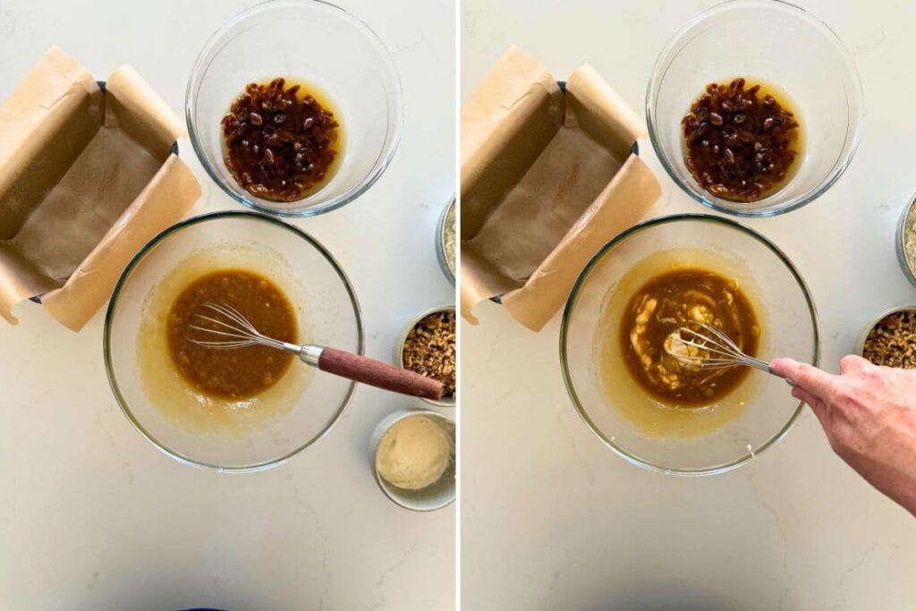 Two photos to show mixing the wet ingredients for sourdough date and walnut loaf cake.