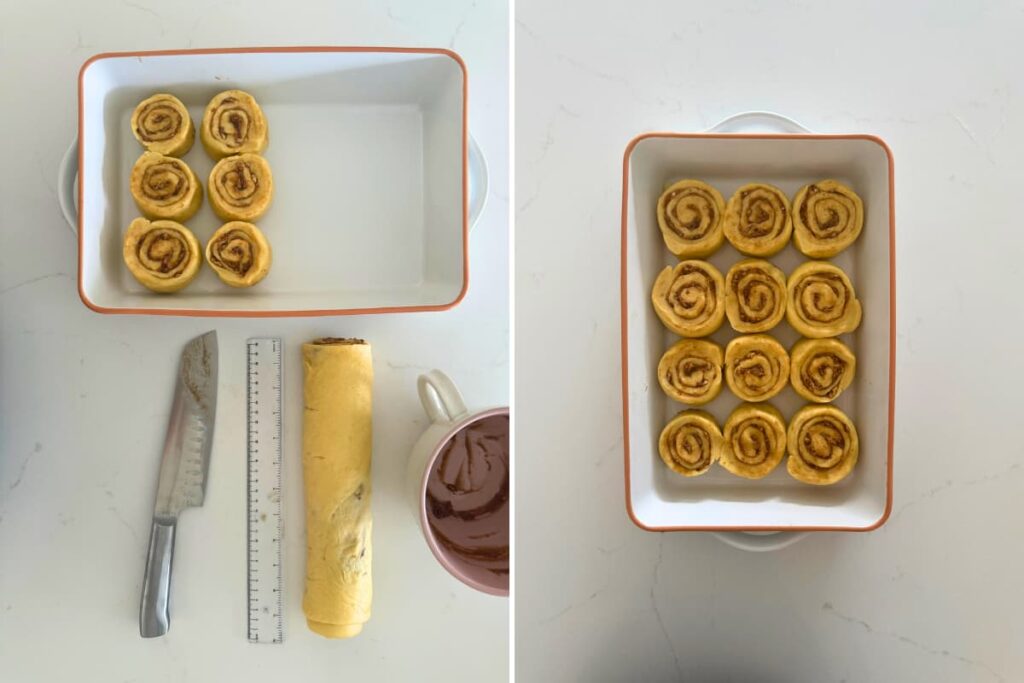 Sourdough maple pecan roll dough with a few slices in baking dish next to roll of dough, a knife and ruler to show how to get even slices. Showing the sourdough maple pecan roll dough sliced in baking dish ready for second rise.