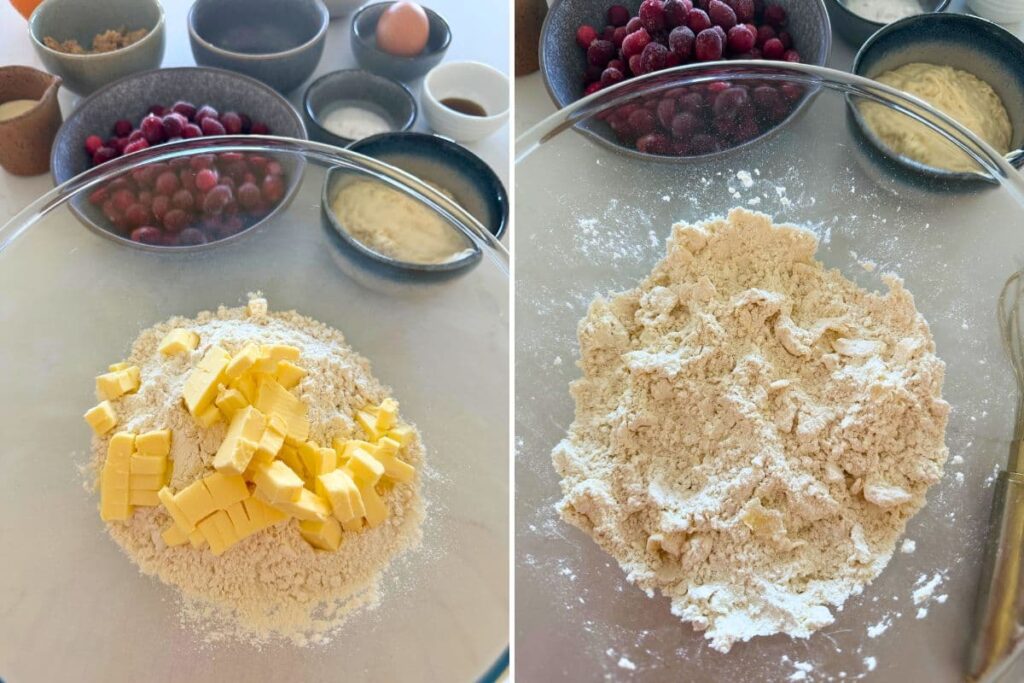 Two photos to show adding butter to flour and the butter mixed into the flour to make sourdough orange and cranberry scones.