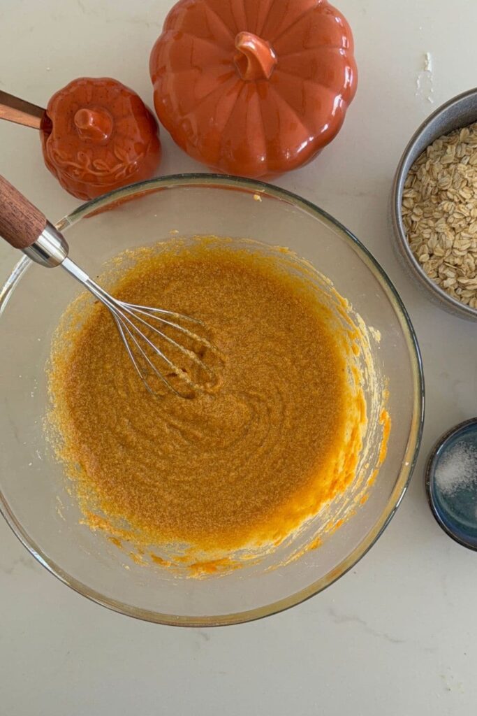 Sourdough pumpkin oatmeal cookie dough wet ingredients mixed.