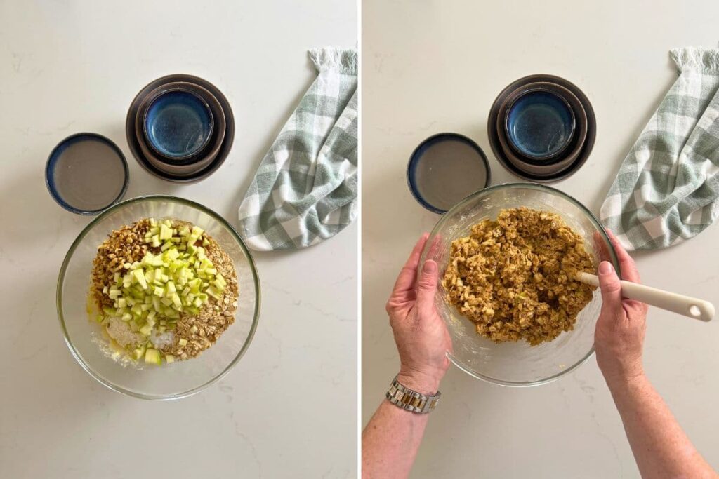 Two photos to show folding in apples and oats into dough for apple cinnamon sourdough oatmeal cookies.