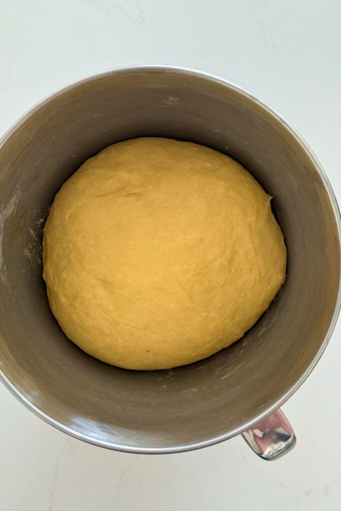 A stainless steel bowl of sourdough discard honey butter roll dough that has bulk fermented and is ready to be shaped.