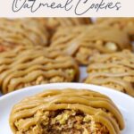 Pinterest pin for apple cinnamon sourdough oatmeal cookies showing text overlay and a cookie with a bite taken out on plate.