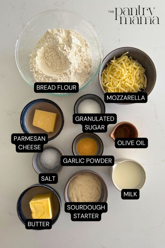 Labeled ingredients on counter to make sourdough cheese and garlic rolls.