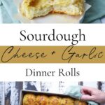 Pinterest pin for sourdough cheese and garlic rolls showing fresh baked rolls in pan and one roll broken open with text overlay.