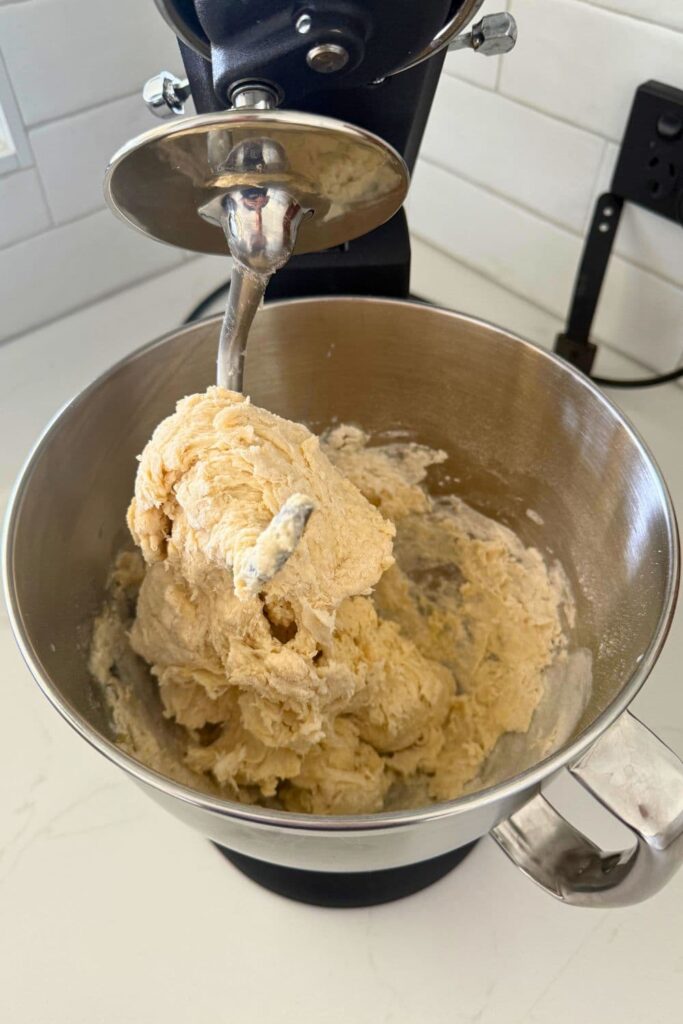 Rough mix of sourdough cheese and garlic roll dough in a stand mixer.