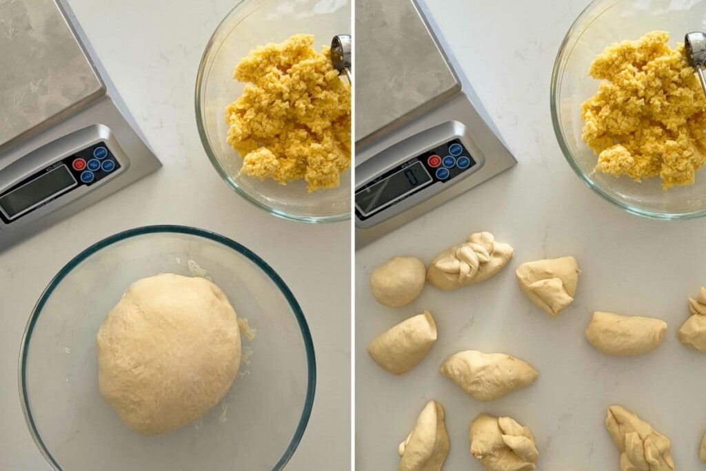 Two photos to show measuring out the dough next to a scale to make sourdough cheese and garlic rolls.
