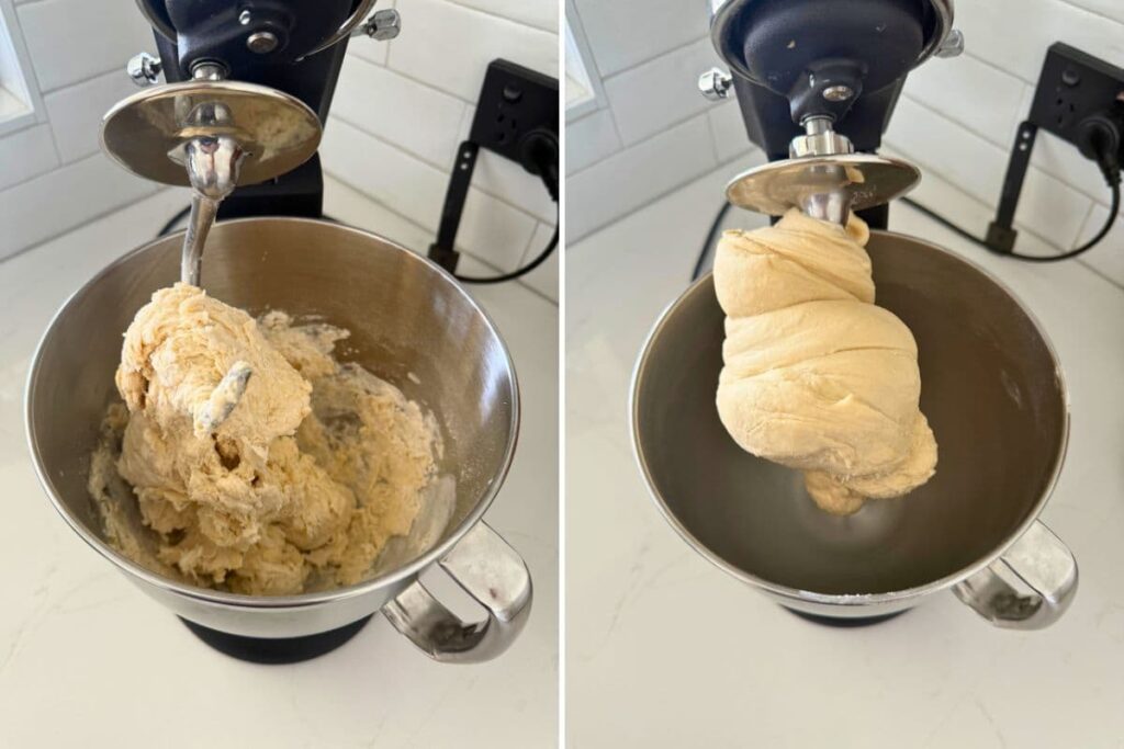 Two photos to show mixing dough for sourdough focaccia rolls in a stand mixer with one picture showing a rough, sticky dough, and the other showing a smooth dough.