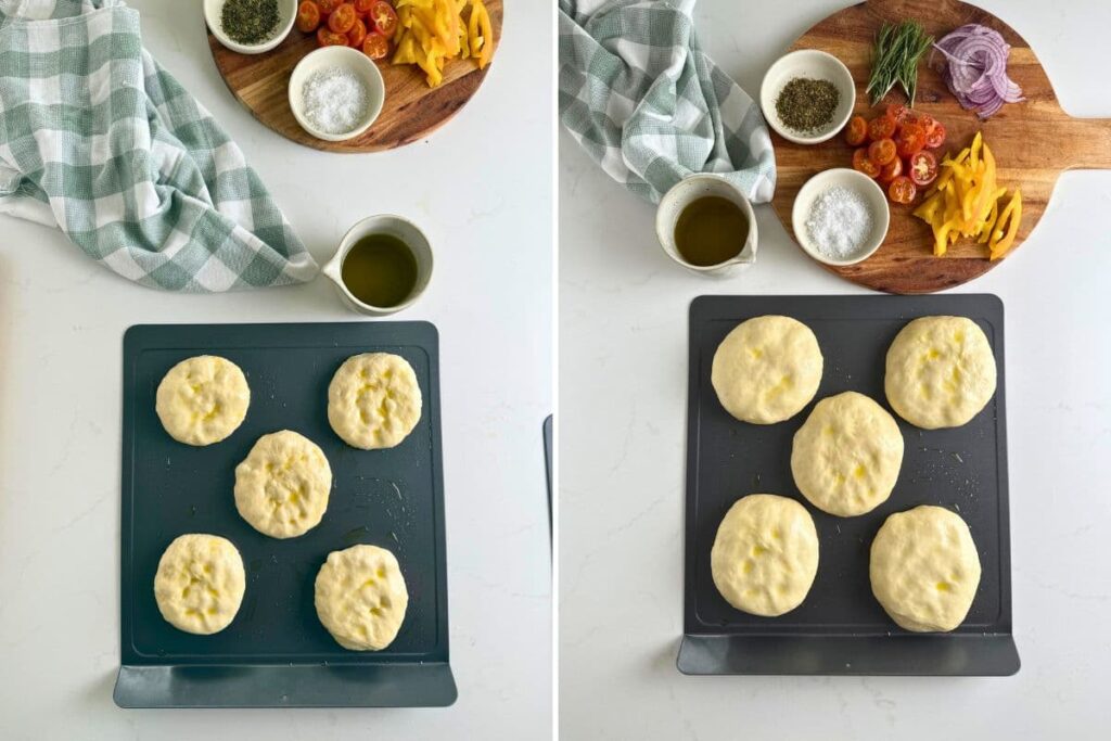 Two photos to show sourdough focaccia roll dough on a baking sheet - one photo before second rise, and one photo after the second rise.
