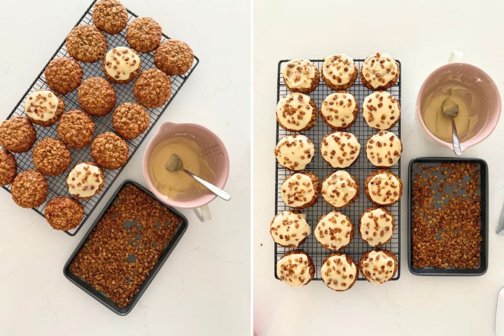 Two photos to show sourdough honey oat cookies on a wire rack and toasted oats and glaze being added.
