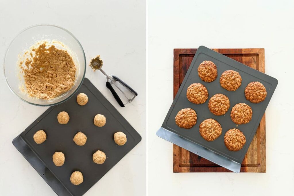 Two photos to show sourdough honey oat cookie dough being scooped onto baking sheet and what the cookies look like when baked on baking sheet.