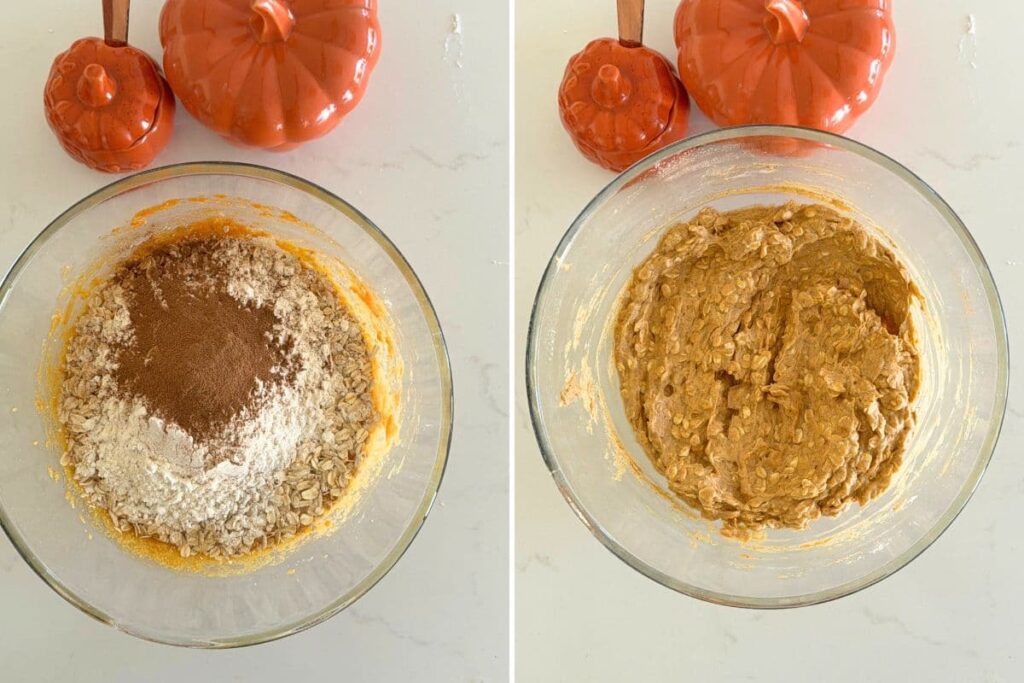Two photo collage to show adding the dry ingredients to the wet ingredients in a bowl to make a sourdough oatmeal pumpkin cookie skillet and mixed dough in a bow.