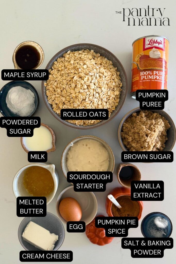 Labeled ingredients on counter for sourdough pumpkin pie baked oatmeal.