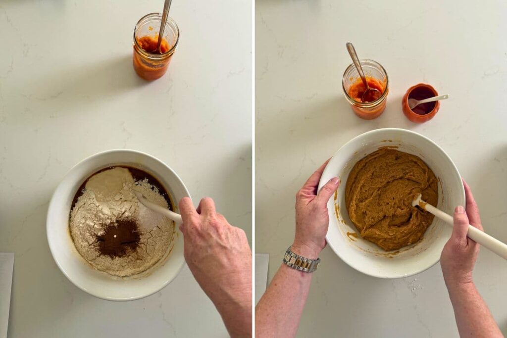 Two photos to show mixing dough to make sourdough pumpkin snickerdoodles.