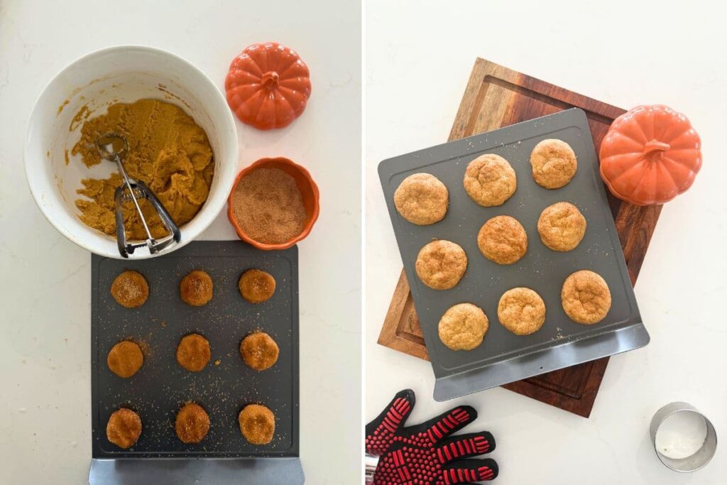 Two photos to show scooping cookie dough onto baking sheet and fresh baked sourdough pumpkin snickerdoodle cookies cooling on baking sheet.