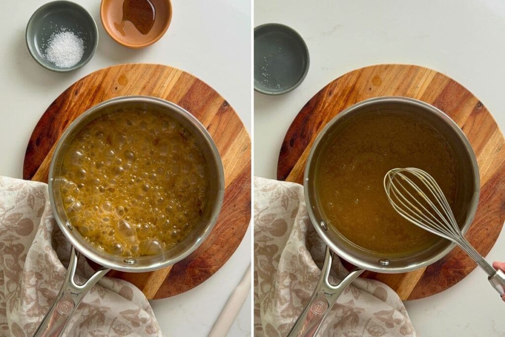Two photos to show boiling ingredients and mixing in vanilla and salt to make homemade caramel dip.