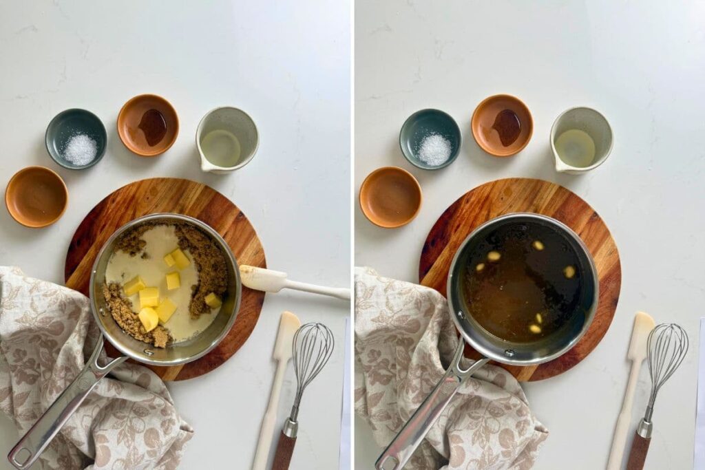 Two photos to show adding ingredients to a saucepan and melting them together to make homemade caramel dip.