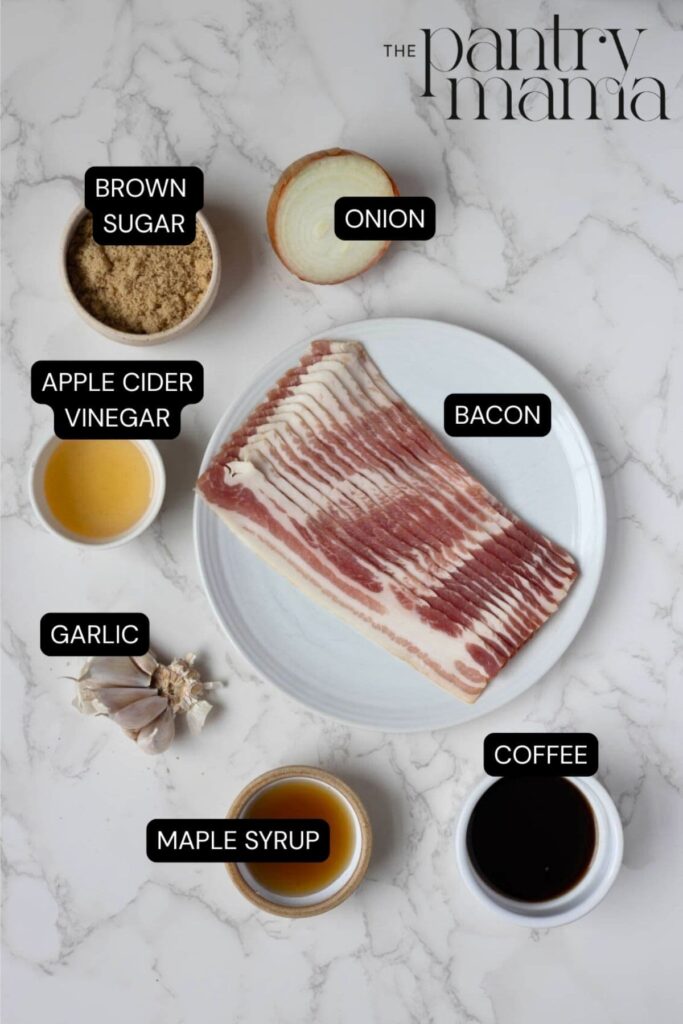 Labeled ingredients on a counter to make bacon jam.