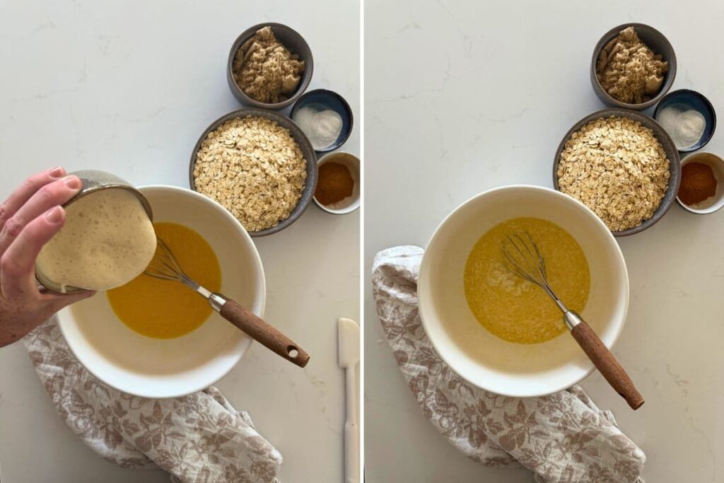 Two photos to show mixing the wet ingredients, including sourdough starter, in a bowl to make sourdough baked oatmeal.