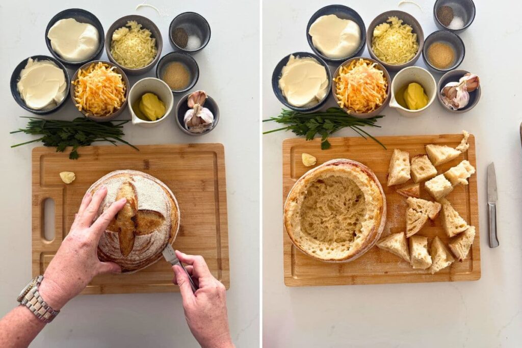Two photos to show how to make a sourdough cheese and garlic cobb loaf dip including how to cut the sourdough loaf into a bread bowl and chopping the inside of the bread into pieces.