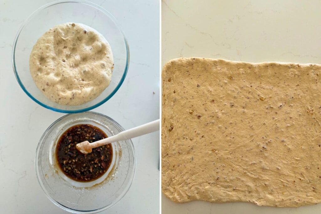 Two photos to show the dough slightly risen and stretching the dough out to add filling for a sourdough maple pecan twist loaf.