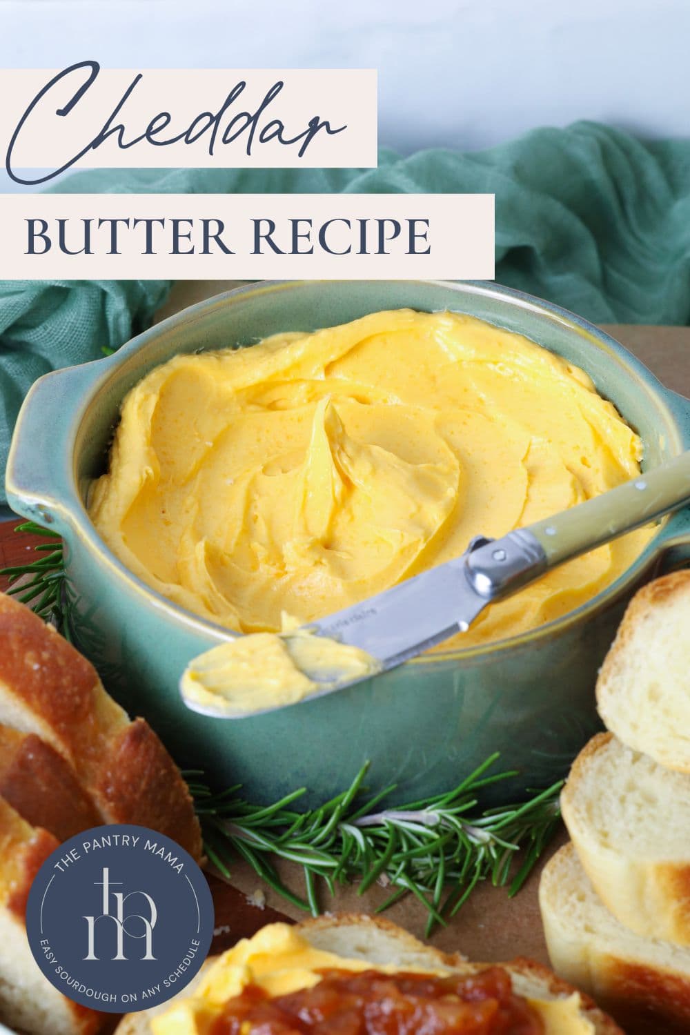 Cheddar butter in a serving bowl with text overlay for Pinterest Pin image.